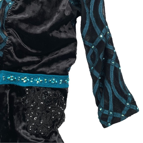 Competition Dance Solo Costume Black Velvet Leotard Teal Accent Rhinestones AXXS - Picture 7 of 14